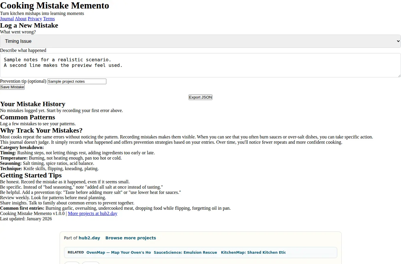 Screenshot of Cooking Mistake Memento interface showing the project page in use